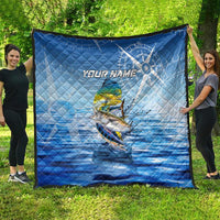 Mahi Mahi and Tuna Fish Quilt Fishing Ocean Water Background and Nautical Compass Elements - Wonder Print Shop