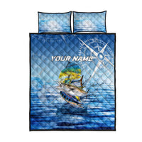 Mahi Mahi and Tuna Fish Quilt Bed Set Fishing Ocean Water Background and Nautical Compass Elements - Wonder Print Shop
