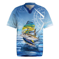 Mahi Mahi and Tuna Fish Rugby Jersey Fishing Ocean Water Background and Nautical Compass Elements - Wonder Print Shop