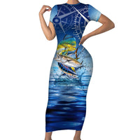 Mahi Mahi and Tuna Fish Short Sleeve Bodycon Dress Fishing Ocean Water Background and Nautical Compass Elements - Wonder Print Shop