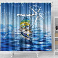 Mahi Mahi and Tuna Fish Shower Curtain Fishing Ocean Water Background and Nautical Compass Elements - Wonder Print Shop