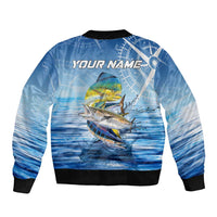Mahi Mahi and Tuna Fish Sleeve Zip Bomber Jacket Fishing Ocean Water Background and Nautical Compass Elements - Wonder Print Shop