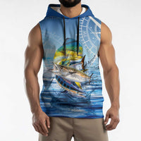 Mahi Mahi and Tuna Fish Sleeveless Hoodie Fishing Ocean Water Background and Nautical Compass Elements - Wonder Print Shop