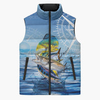 Mahi Mahi and Tuna Fish Sleeveless Puffer Jacket Fishing Ocean Water Background and Nautical Compass Elements - Wonder Print Shop