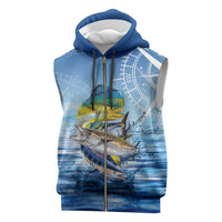 Mahi Mahi and Tuna Fish Sleeveless Zip Hoodie Fishing Ocean Water Background and Nautical Compass Elements - Wonder Print Shop