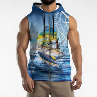 Mahi Mahi and Tuna Fish Sleeveless Zip Hoodie Fishing Ocean Water Background and Nautical Compass Elements - Wonder Print Shop