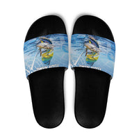 Mahi Mahi and Tuna Fish Slide Sandals Fishing Ocean Water Background and Nautical Compass Elements - Wonder Print Shop