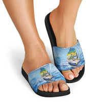 Mahi Mahi and Tuna Fish Slide Sandals Fishing Ocean Water Background and Nautical Compass Elements - Wonder Print Shop