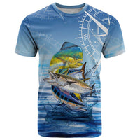 Mahi Mahi and Tuna Fish T Shirt Fishing Ocean Water Background and Nautical Compass Elements - Wonder Print Shop