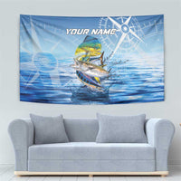 Mahi Mahi and Tuna Fish Tapestry Fishing Ocean Water Background and Nautical Compass Elements - Wonder Print Shop
