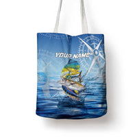 Mahi Mahi and Tuna Fish Tote Bag Fishing Ocean Water Background and Nautical Compass Elements - Wonder Print Shop