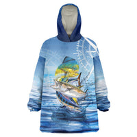 Mahi Mahi and Tuna Fish Wearable Blanket Hoodie Fishing Ocean Water Background and Nautical Compass Elements - Wonder Print Shop