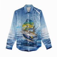 Mahi Mahi and Tuna Fish Women Casual Shirt Fishing Ocean Water Background and Nautical Compass Elements - Wonder Print Shop