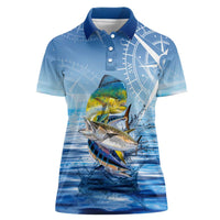 Mahi Mahi and Tuna Fish Women Polo Shirt Fishing Ocean Water Background and Nautical Compass Elements - Wonder Print Shop
