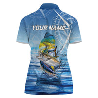 Mahi Mahi and Tuna Fish Women Polo Shirt Fishing Ocean Water Background and Nautical Compass Elements - Wonder Print Shop