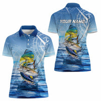 Mahi Mahi and Tuna Fish Women Polo Shirt Fishing Ocean Water Background and Nautical Compass Elements - Wonder Print Shop