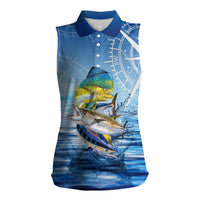 Mahi Mahi and Tuna Fish Women Sleeveless Polo Shirt Fishing Ocean Water Background and Nautical Compass Elements - Wonder Print Shop