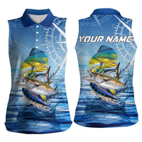 Mahi Mahi and Tuna Fish Women Sleeveless Polo Shirt Fishing Ocean Water Background and Nautical Compass Elements - Wonder Print Shop