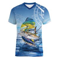 Mahi Mahi and Tuna Fish Women V-Neck T-Shirt Fishing Ocean Water Background and Nautical Compass Elements - Wonder Print Shop