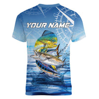 Mahi Mahi and Tuna Fish Women V-Neck T-Shirt Fishing Ocean Water Background and Nautical Compass Elements - Wonder Print Shop