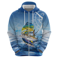 Mahi Mahi and Tuna Fish Zip Hoodie Fishing Ocean Water Background and Nautical Compass Elements - Wonder Print Shop