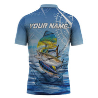 Mahi Mahi and Tuna Fish Zipper Polo Shirt Fishing Ocean Water Background and Nautical Compass Elements - Wonder Print Shop