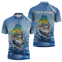 Mahi Mahi and Tuna Fish Zipper Polo Shirt Fishing Ocean Water Background and Nautical Compass Elements - Wonder Print Shop