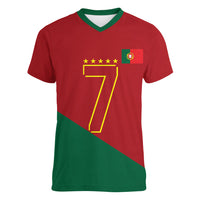 Portugal Football Number 7 GOAT Women V-Neck T-Shirt Records Follow Me Sports Quote Line Art