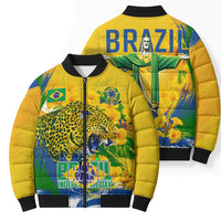 Brazil Independence Day Bomber Puffer Jacket Roaring Jaguar Christ Redeemer Tropical Floral
