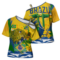 Brazil Independence Day Cross Shoulder Shirt Roaring Jaguar Christ Redeemer Tropical Floral