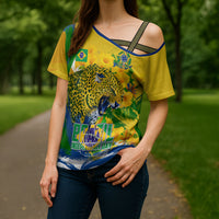 Brazil Independence Day Cross Shoulder Shirt Roaring Jaguar Christ Redeemer Tropical Floral
