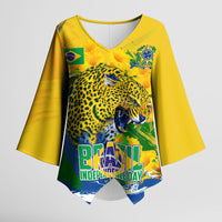 Brazil Independence Day Kimono Sleeve Blouse Roaring Jaguar Christ Redeemer Tropical Floral