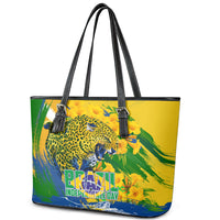 Brazil Independence Day Leather Tote Bag Roaring Jaguar Christ Redeemer Tropical Floral