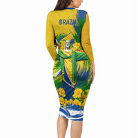 Brazil Independence Day Long Sleeve Bodycon Dress Roaring Jaguar Christ Redeemer Tropical Floral
