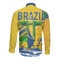 Brazil Independence Day Long Sleeve Button Shirt Roaring Jaguar Christ Redeemer Tropical Floral
