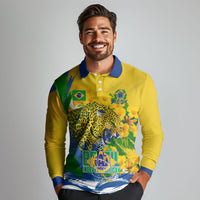 Brazil Independence Day Long Sleeve Polo Shirt Roaring Jaguar Christ Redeemer Tropical Floral