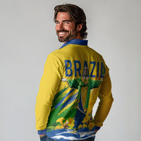Brazil Independence Day Long Sleeve Polo Shirt Roaring Jaguar Christ Redeemer Tropical Floral