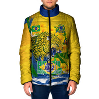 Brazil Independence Day Padded Jacket Roaring Jaguar Christ Redeemer Tropical Floral