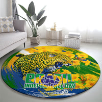 Brazil Independence Day Round Carpet Roaring Jaguar Christ Redeemer Tropical Floral