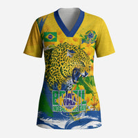 Brazil Independence Day Scrub Top Roaring Jaguar Christ Redeemer Tropical Floral