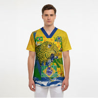 Brazil Independence Day Scrub Top Roaring Jaguar Christ Redeemer Tropical Floral