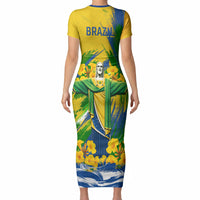 Brazil Independence Day Short Sleeve Bodycon Dress Roaring Jaguar Christ Redeemer Tropical Floral