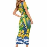 Brazil Independence Day Short Sleeve Bodycon Dress Roaring Jaguar Christ Redeemer Tropical Floral