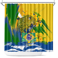 Brazil Independence Day Shower Curtain Roaring Jaguar Christ Redeemer Tropical Floral