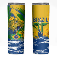Brazil Independence Day Skinny Tumbler Roaring Jaguar Christ Redeemer Tropical Floral