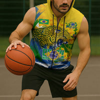 Brazil Independence Day Sleeveless Zip Hoodie Roaring Jaguar Christ Redeemer Tropical Floral