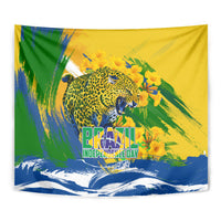 Brazil Independence Day Tapestry Roaring Jaguar Christ Redeemer Tropical Floral
