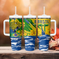 Brazil Independence Day Tumbler With Handle Roaring Jaguar Christ Redeemer Tropical Floral
