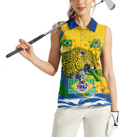 Brazil Independence Day Women Sleeveless Polo Shirt Roaring Jaguar Christ Redeemer Tropical Floral