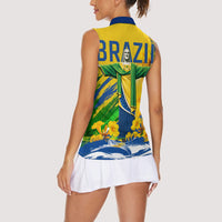 Brazil Independence Day Women Sleeveless Polo Shirt Roaring Jaguar Christ Redeemer Tropical Floral